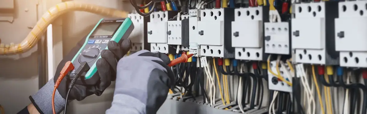 Ein Technician arbeitet an elektrischen Schaltkästen und misst Strom mit einem Multimeter.