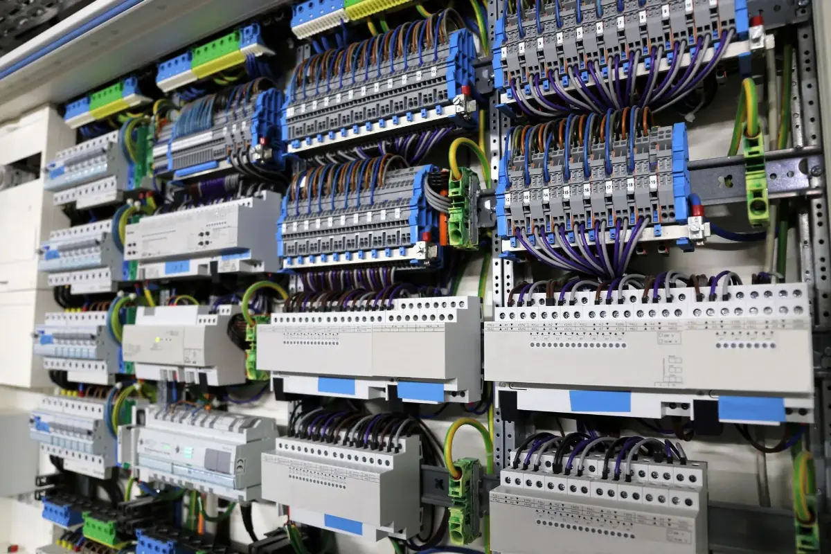 Verkabelte Schalttafel mit elektrischen Komponenten und Verbindungen.