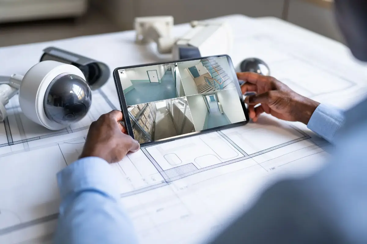 Eine Person überwacht Überwachungskameras auf einem Tablet, umgeben von Kameras und Plänen.