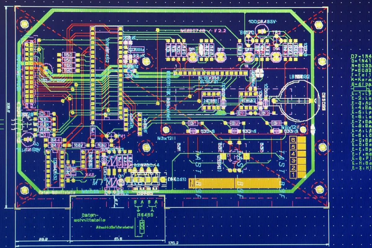 Technische Zeichnung eines Schaltplans mit elektronischen Bauteilen und Verbindungen.