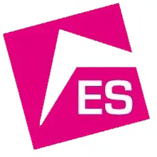 Logo mit Schriftzug "ES" in pink und weiß.